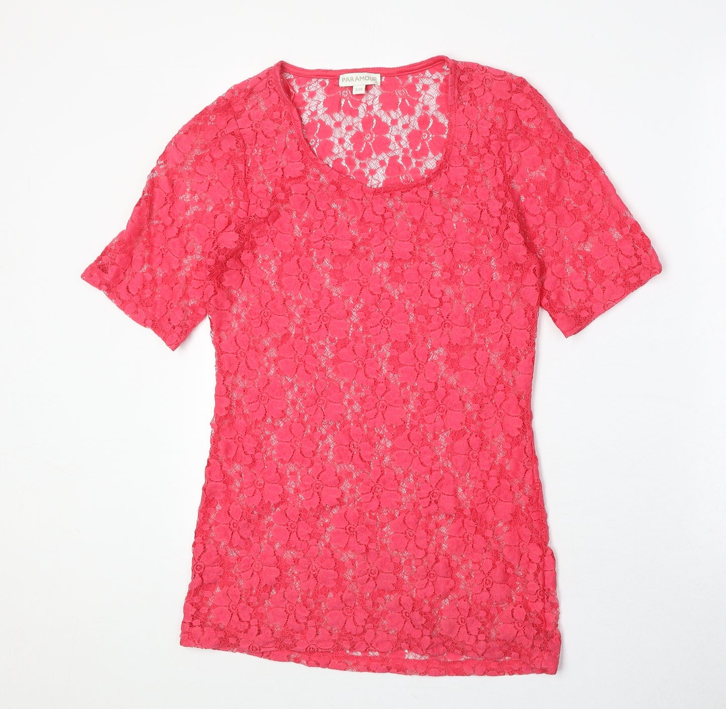 PARAMOUR Womens Pink Geometric Polyacrylate Fibre Basic T-Shirt Size S Round Neck - Size S/M