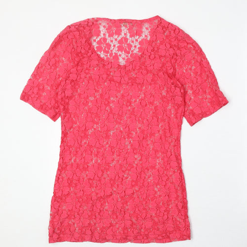 PARAMOUR Womens Pink Geometric Polyacrylate Fibre Basic T-Shirt Size S Round Neck - Size S/M