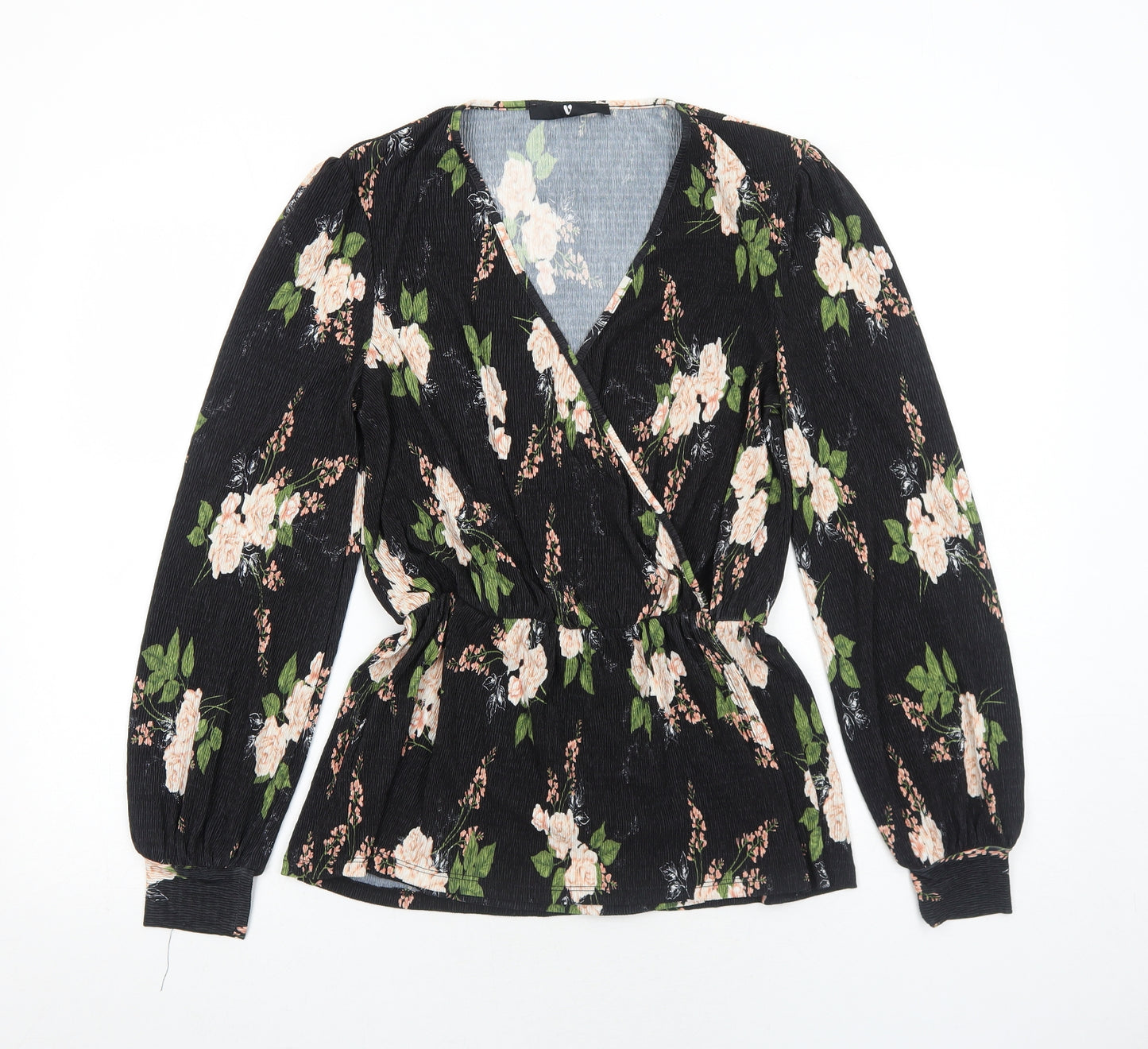 Very Womens Black Floral Polyester Basic Blouse Size 8 V-Neck