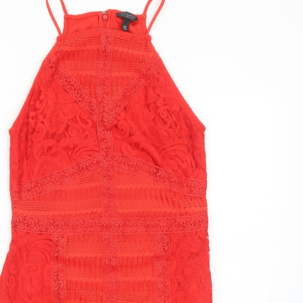 Topshop Womens Red Geometric Polyester Bodycon Size 14 Square Neck Zip