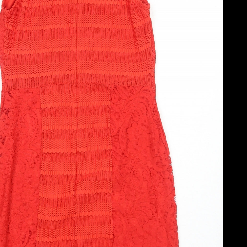 Topshop Womens Red Geometric Polyester Bodycon Size 14 Square Neck Zip