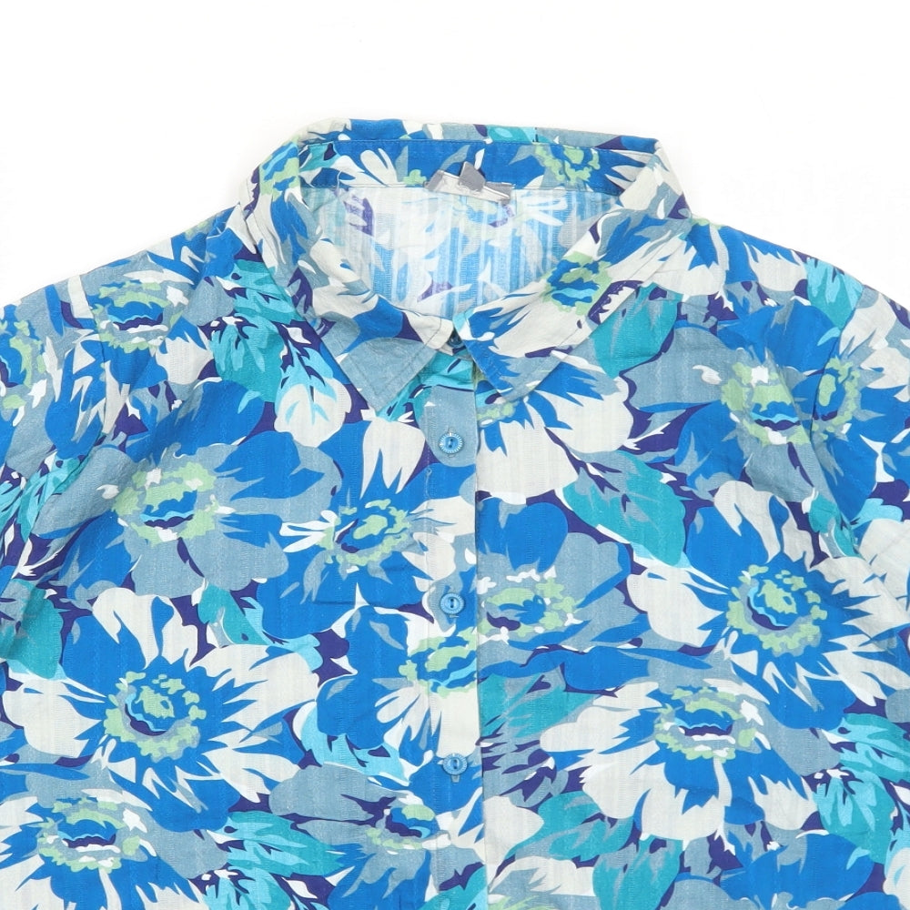Patra Mens Blue Floral Cotton Button-Up Size XL Collared Button