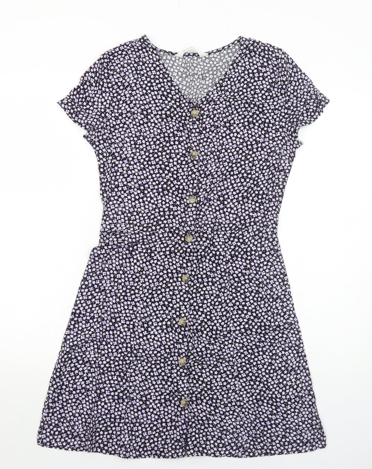 H&M Girls Black Floral Viscose Shirt Dress Size 13-14 Years V-Neck Button