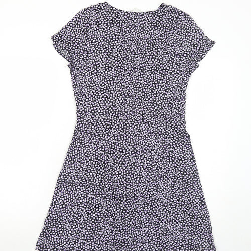 H&M Girls Black Floral Viscose Shirt Dress Size 13-14 Years V-Neck Button