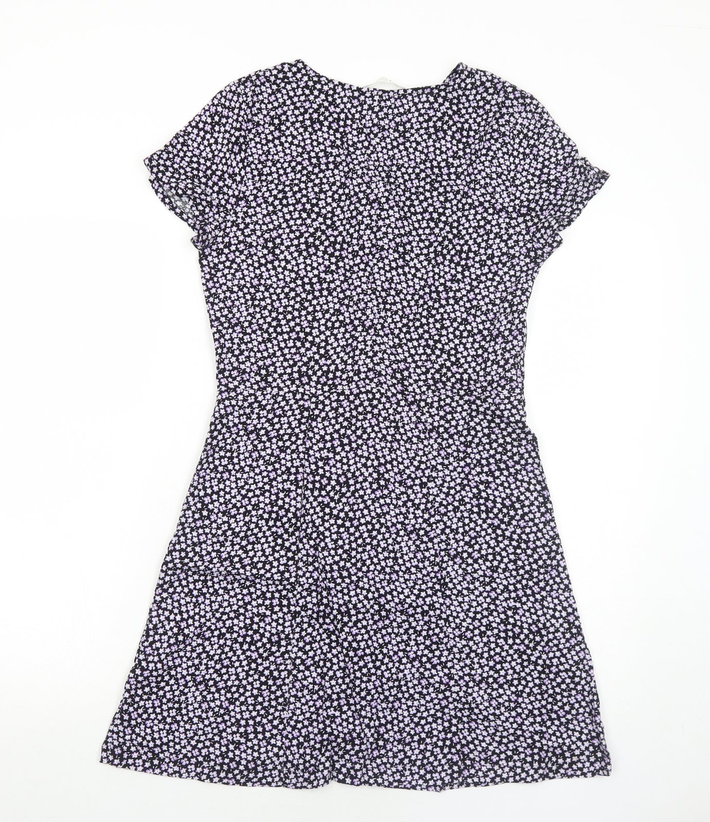 H&M Girls Black Floral Viscose Shirt Dress Size 13-14 Years V-Neck Button