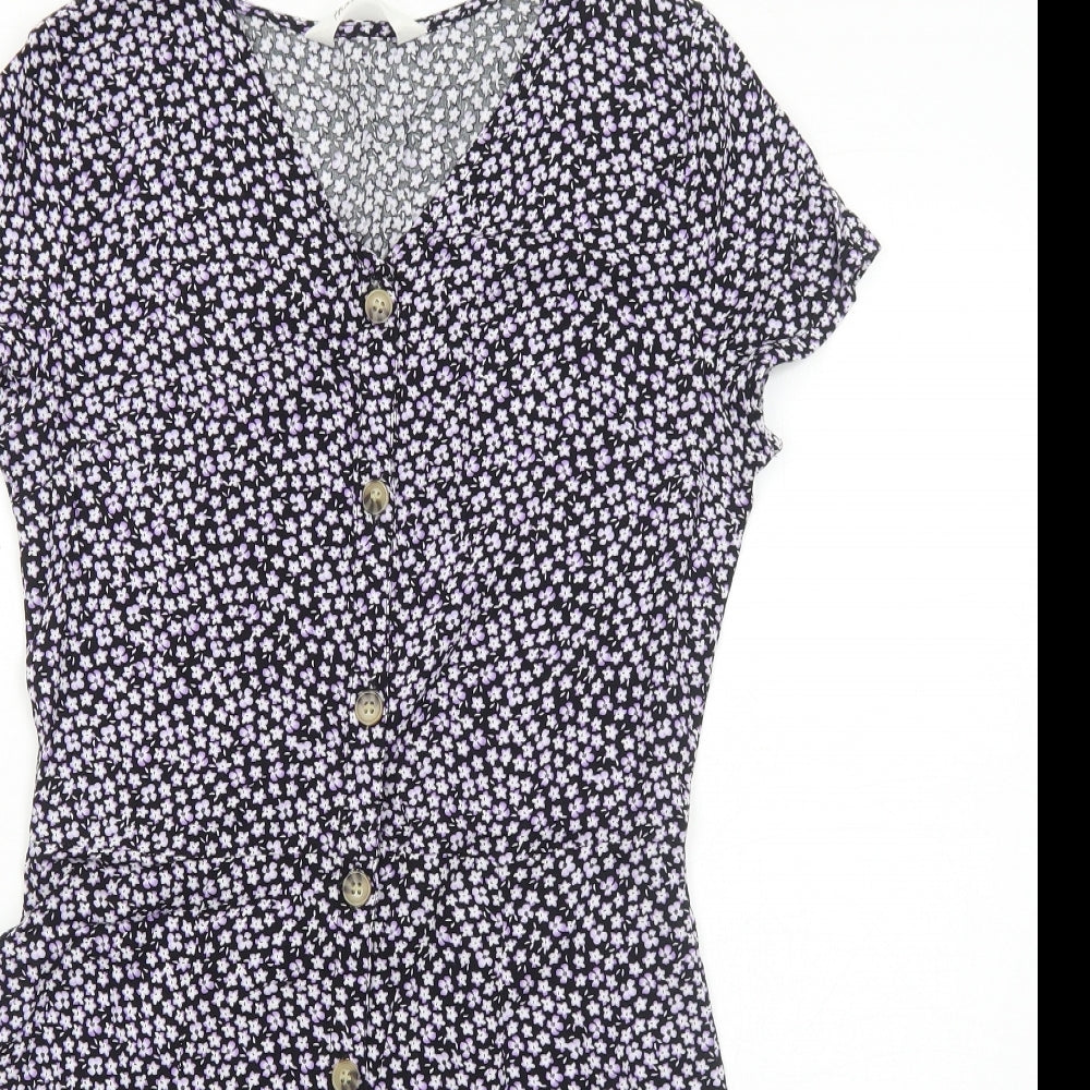 H&M Girls Black Floral Viscose Shirt Dress Size 13-14 Years V-Neck Button