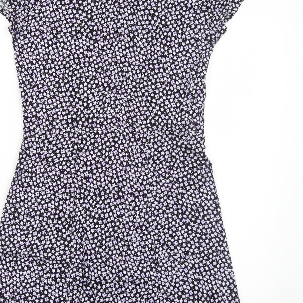 H&M Girls Black Floral Viscose Shirt Dress Size 13-14 Years V-Neck Button
