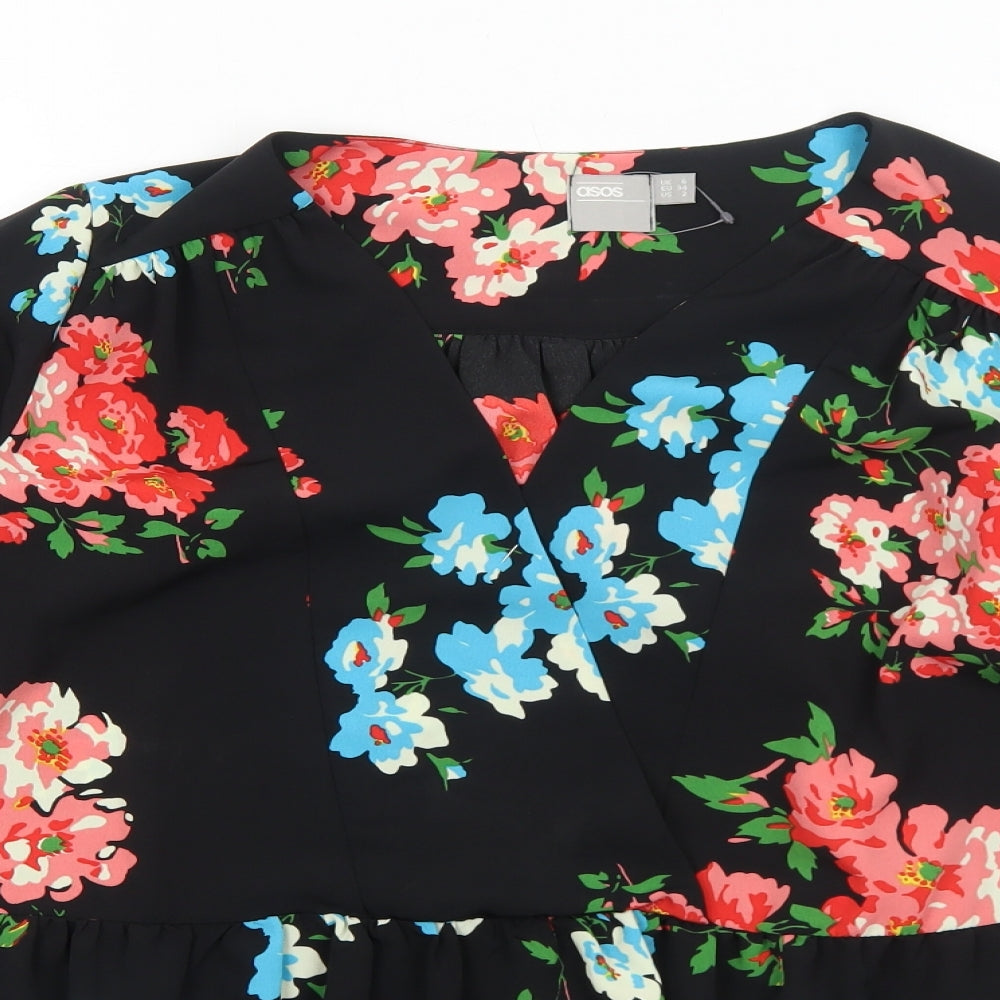 ASOS Womens Black Floral Polyester Basic Blouse Size 6 V-Neck