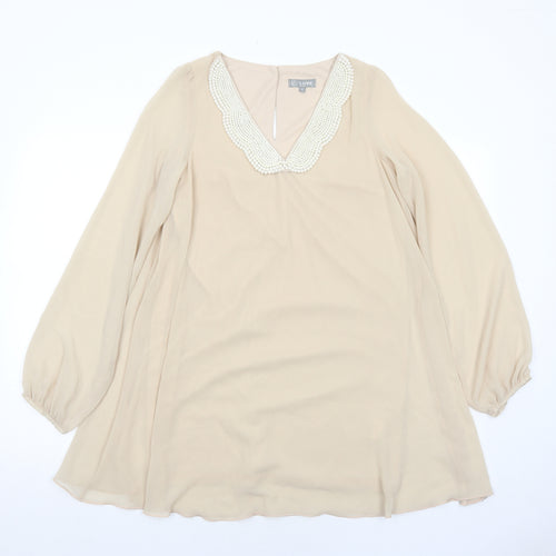 Love Womens Beige Polyester Trapeze & Swing Size S V-Neck Button