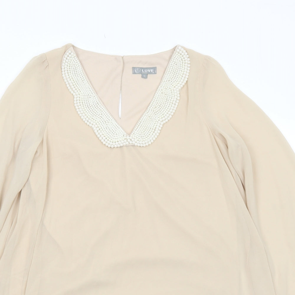 Love Womens Beige Polyester Trapeze & Swing Size S V-Neck Button