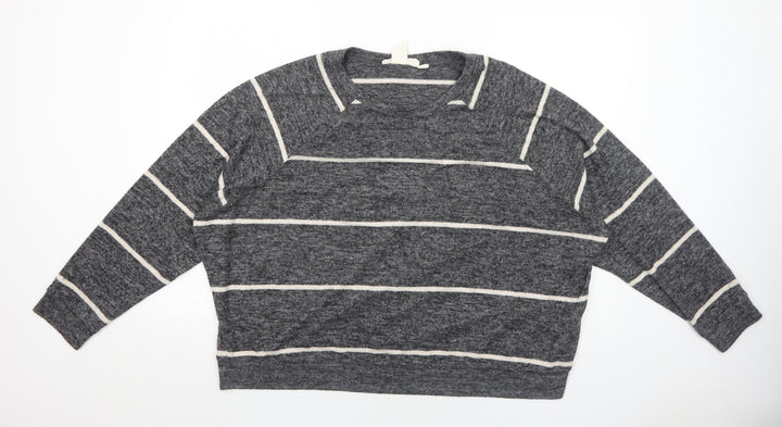 H&M Womens Grey Round Neck Striped Viscose Pullover Jumper Size L