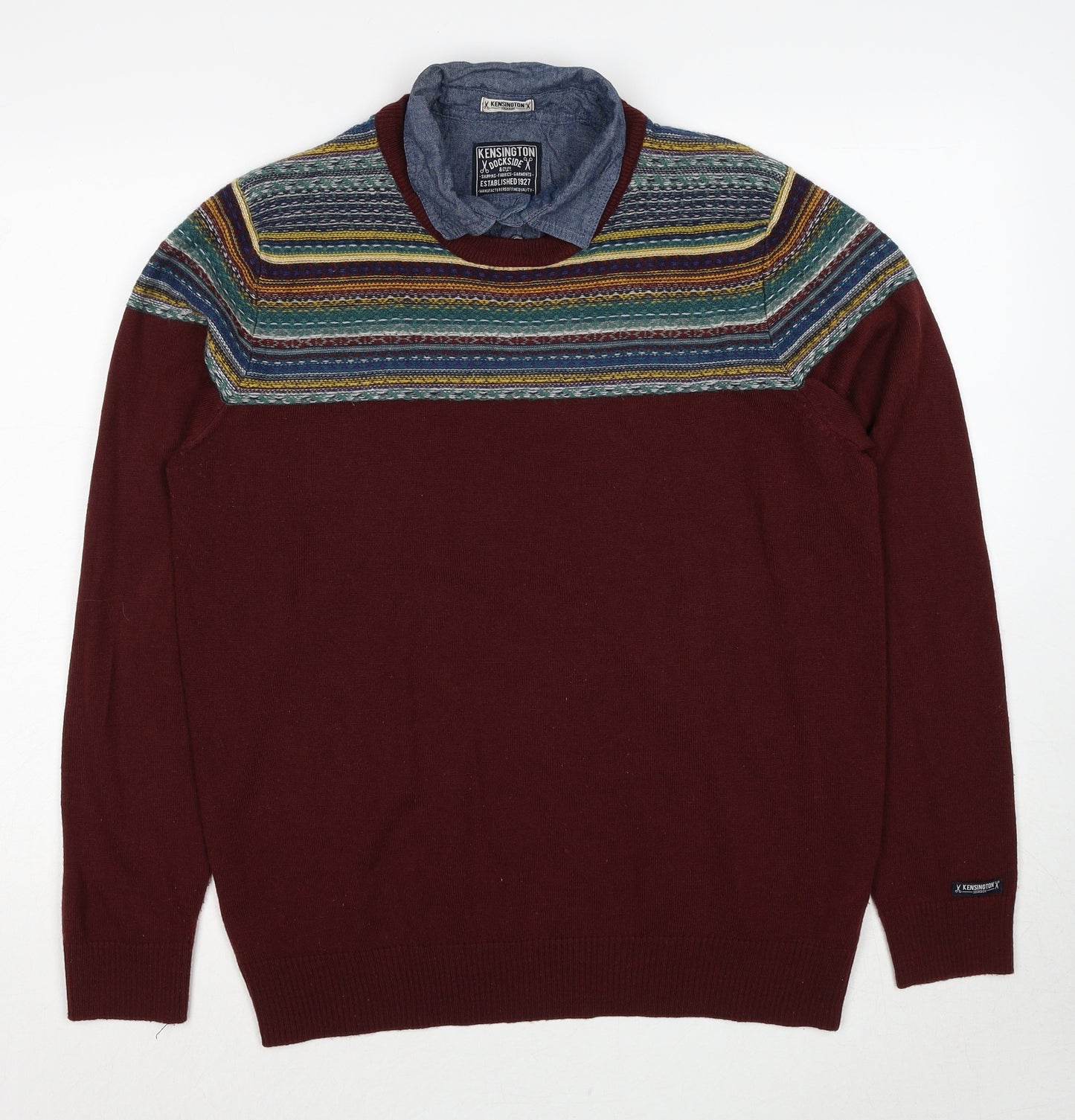 Kensington Mens Red Collared Striped Acrylic Pullover Jumper Size L Long Sleeve