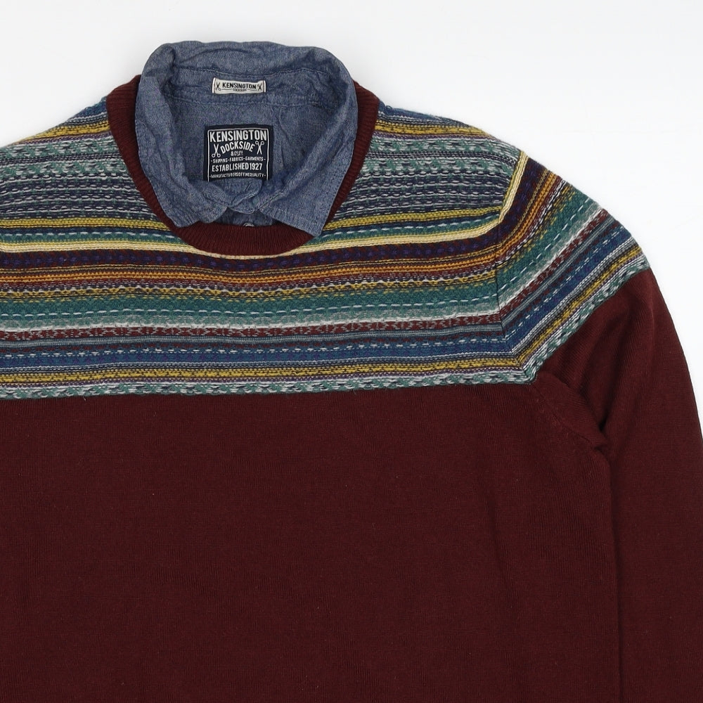 Kensington Mens Red Collared Striped Acrylic Pullover Jumper Size L Long Sleeve