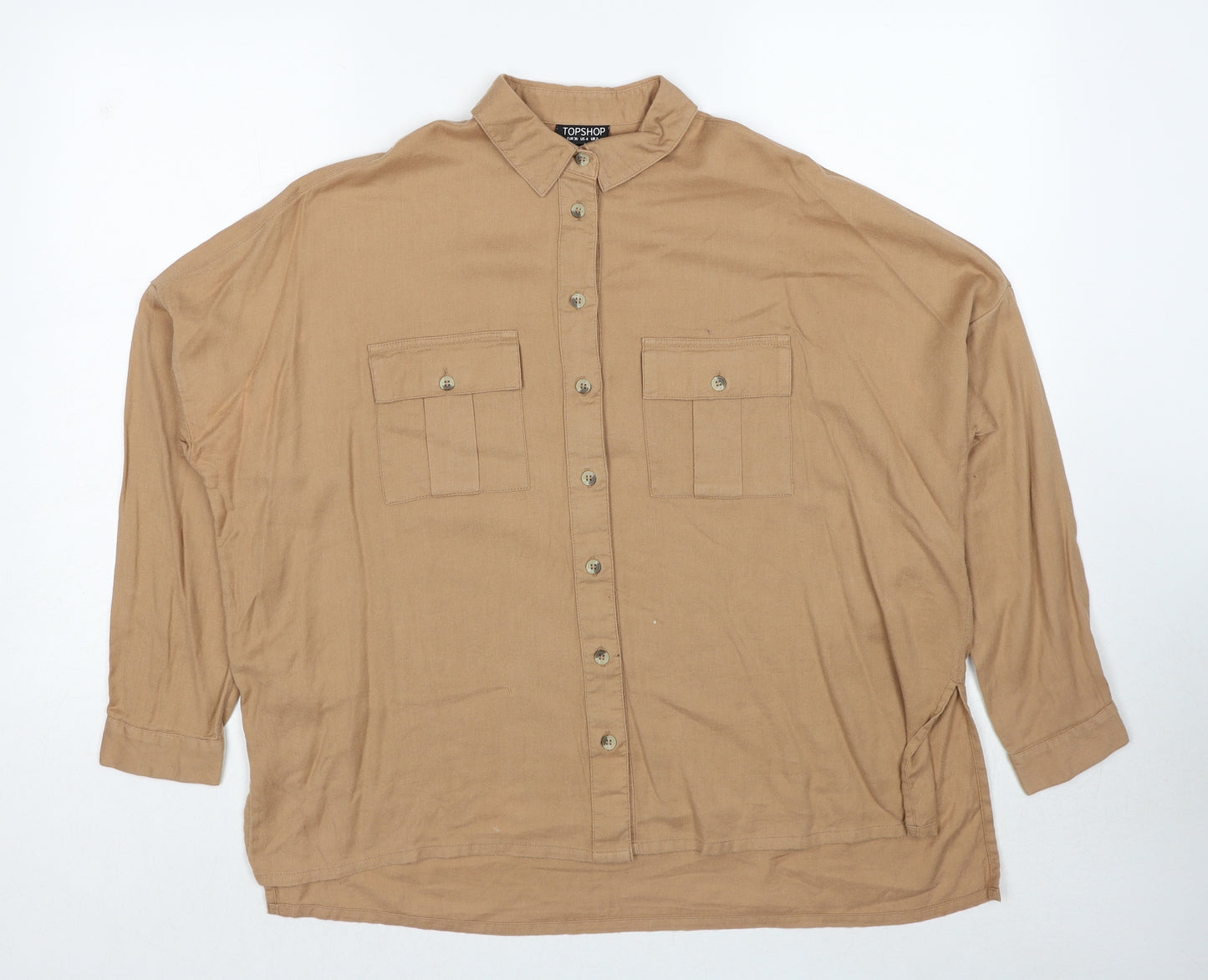 Topshop Womens Brown Cotton Basic Button-Up Size 8 Collared