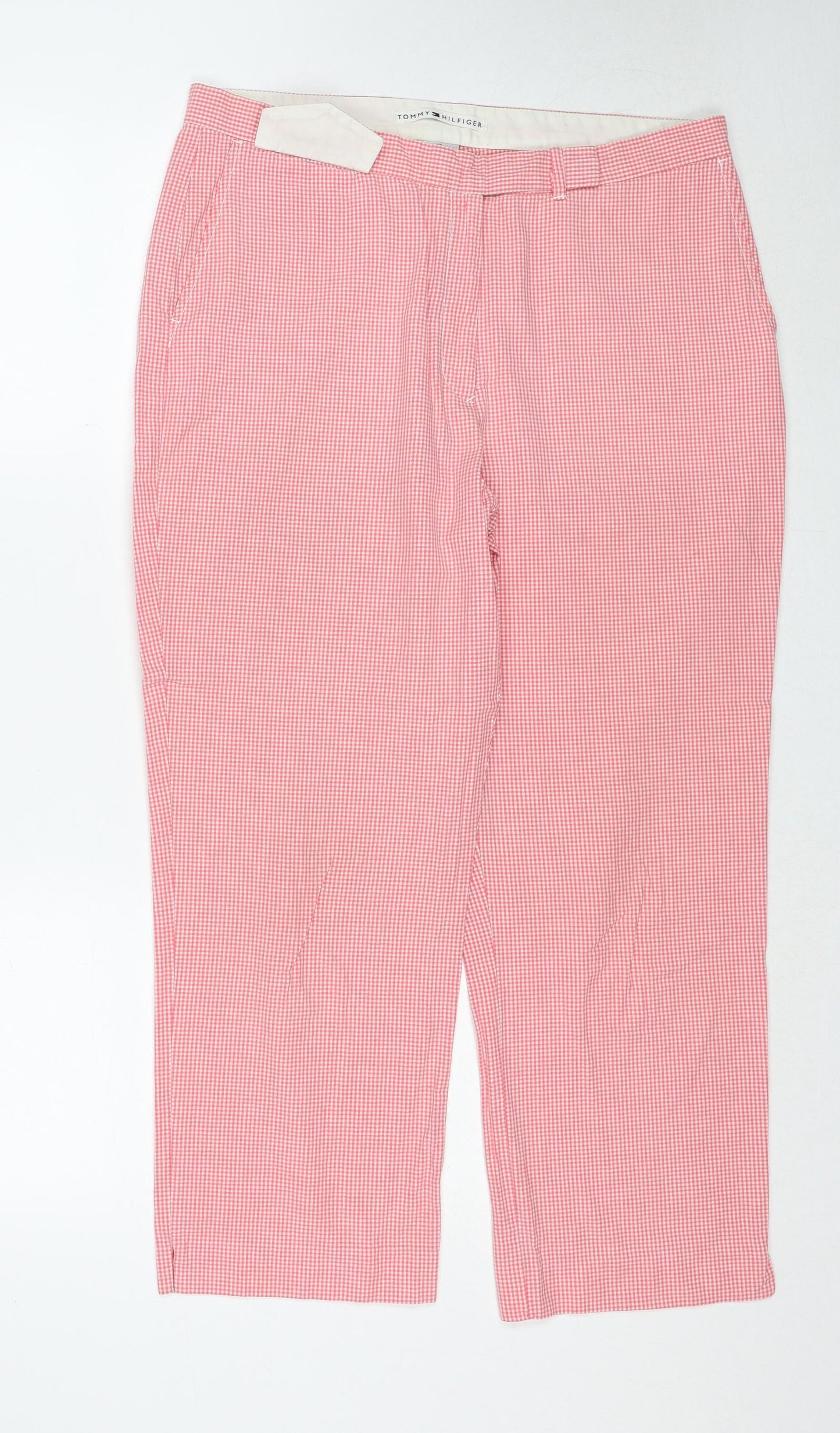 Tommy Hilfiger Womens Red Check Cotton Trousers Size 12 Regular Zip