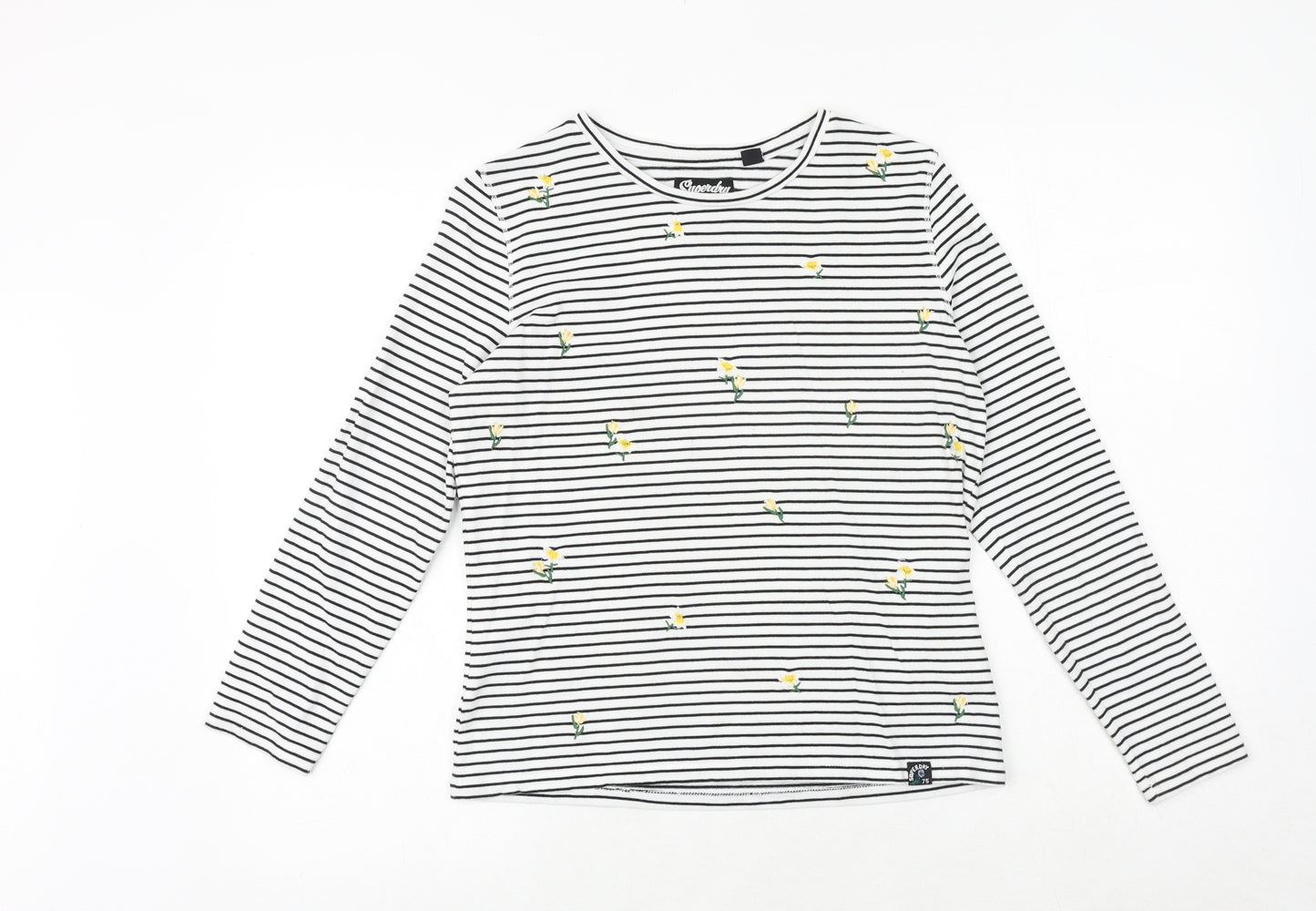 Superdry Womens White Striped 100% Cotton Basic T-Shirt Size 10 Round Neck - Flower Detail