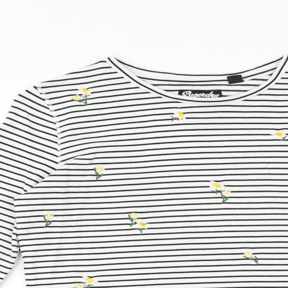 Superdry Womens White Striped 100% Cotton Basic T-Shirt Size 10 Round Neck - Flower Detail