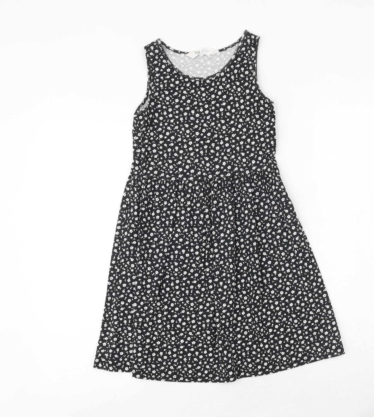 H&M Girls Black Floral 100% Cotton Tank Dress Size 9-10 Years Boat Neck Pullover