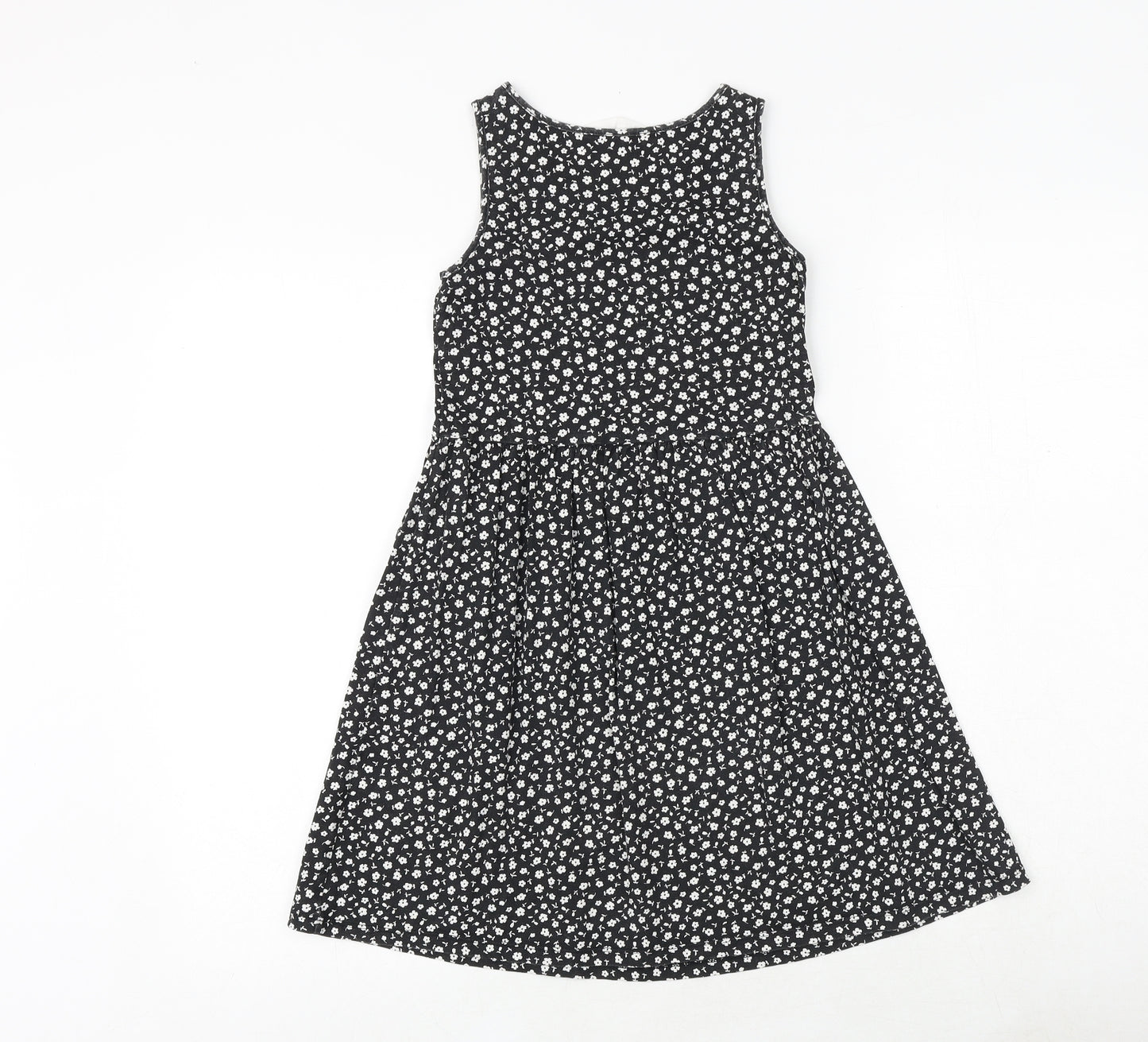H&M Girls Black Floral 100% Cotton Tank Dress Size 9-10 Years Boat Neck Pullover