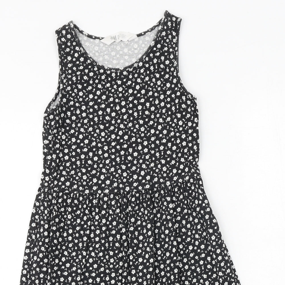 H&M Girls Black Floral 100% Cotton Tank Dress Size 9-10 Years Boat Neck Pullover