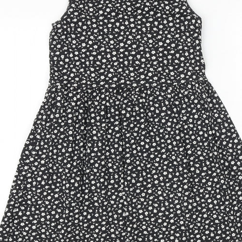 H&M Girls Black Floral 100% Cotton Tank Dress Size 9-10 Years Boat Neck Pullover