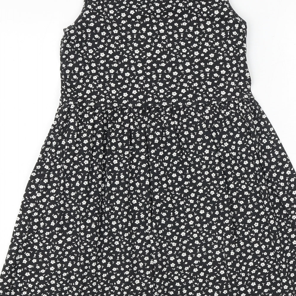 H&M Girls Black Floral 100% Cotton Tank Dress Size 9-10 Years Boat Neck Pullover
