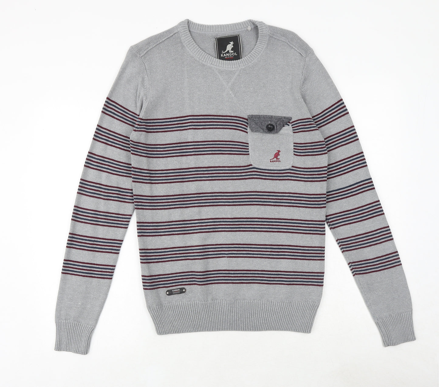 Kangol Mens Grey Round Neck Striped Cotton Pullover Jumper Size S Long Sleeve
