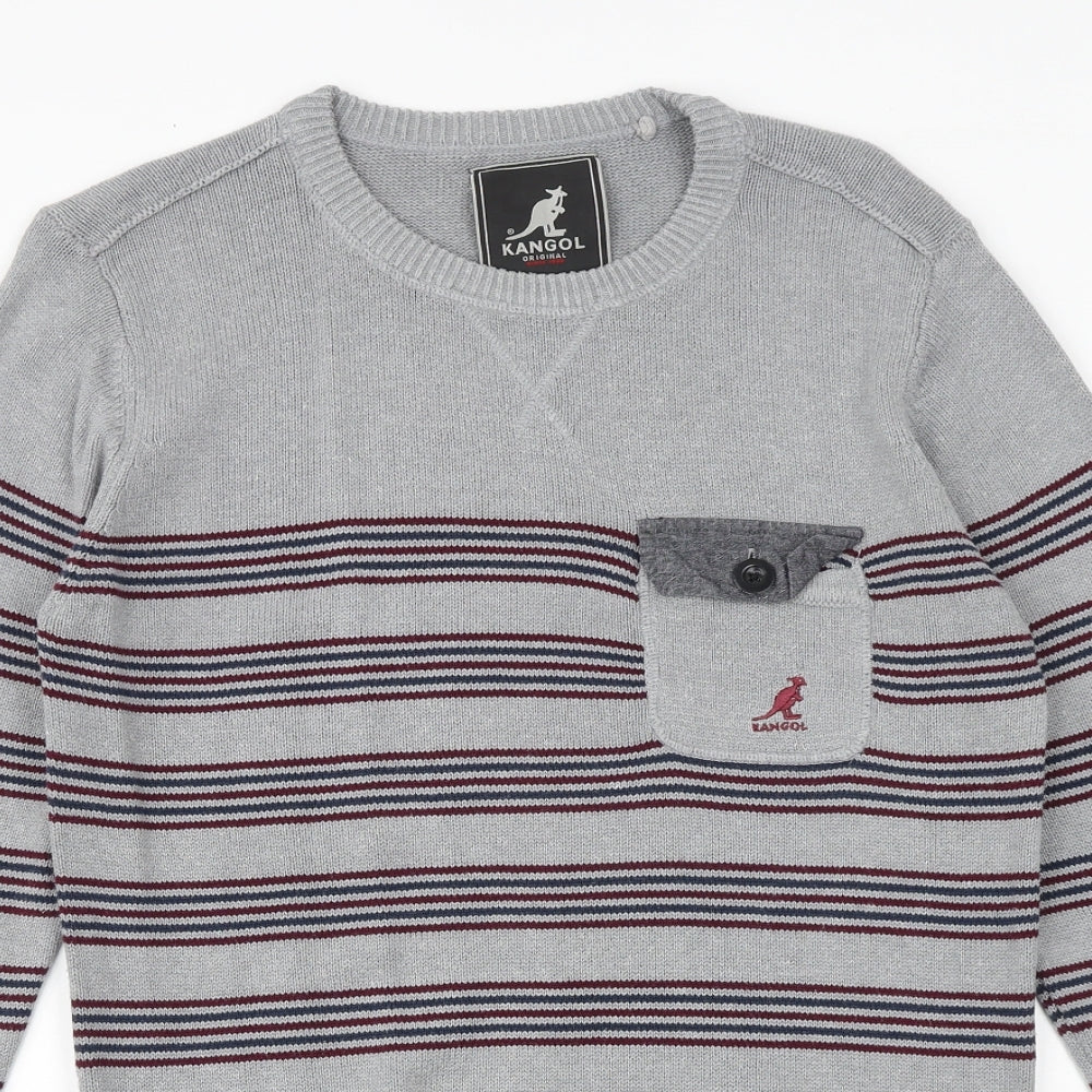 Kangol Mens Grey Round Neck Striped Cotton Pullover Jumper Size S Long Sleeve