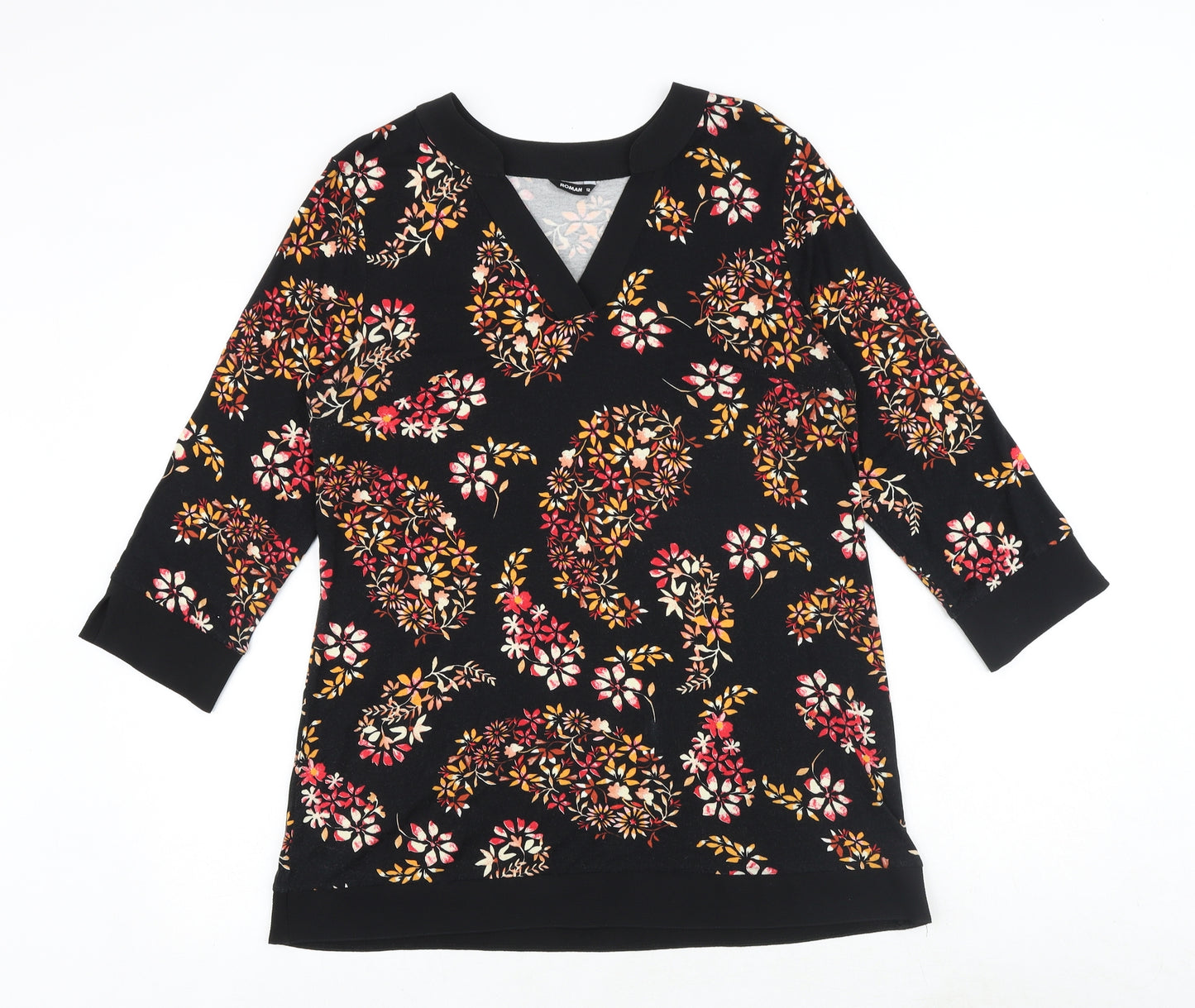 Roman Womens Black Floral Viscose Basic Blouse Size 12 V-Neck