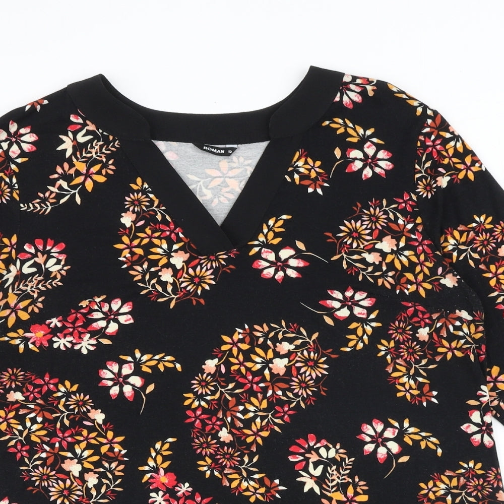 Roman Womens Black Floral Viscose Basic Blouse Size 12 V-Neck