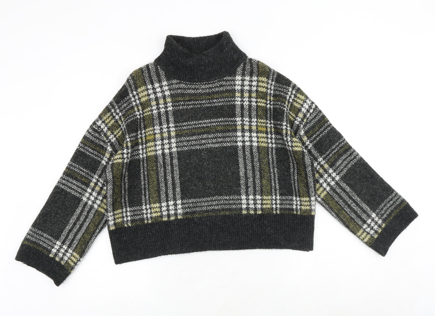 New Look Womens Grey Roll Neck Plaid Acrylic Pullover Jumper Size S