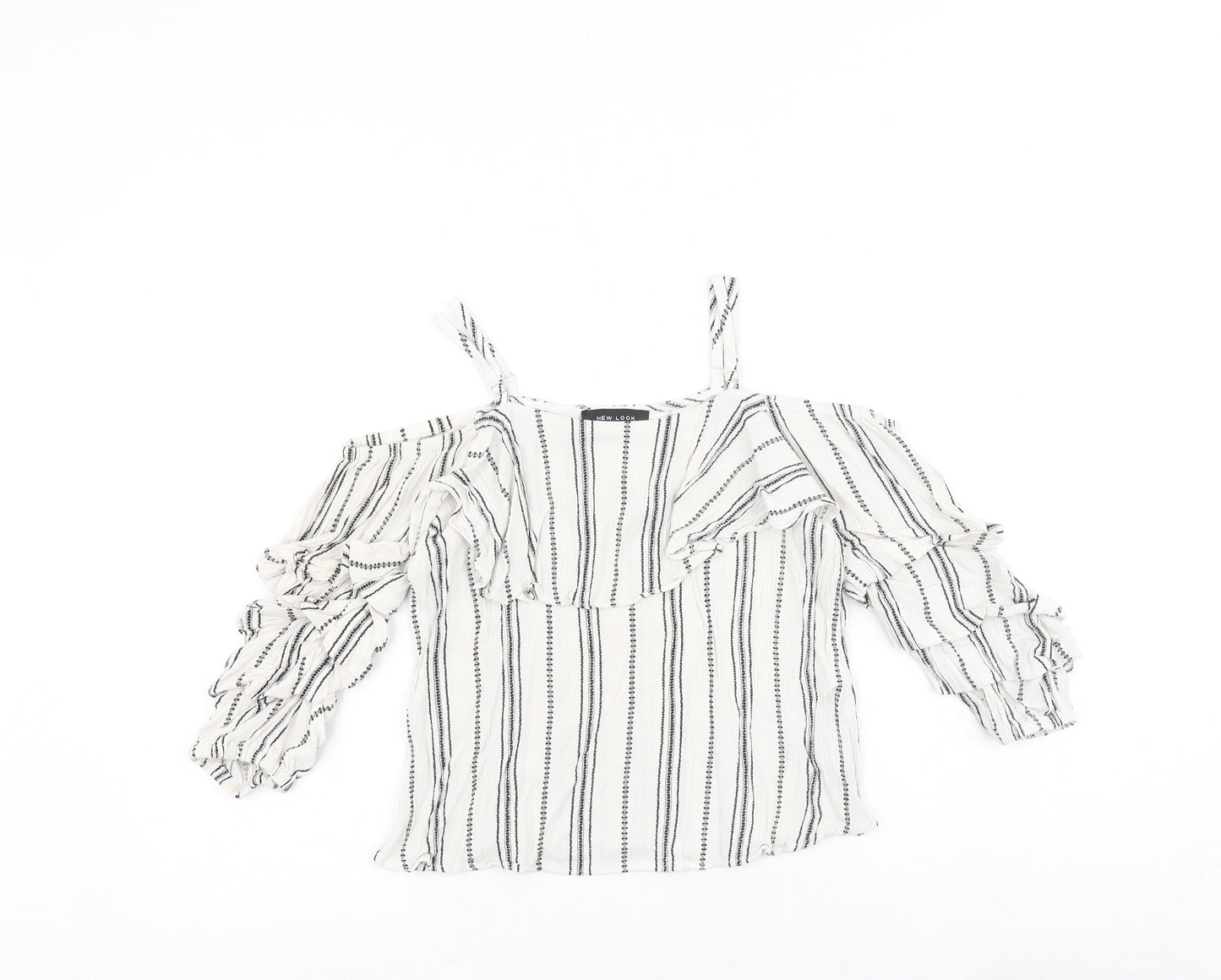 New Look Womens White Striped Viscose Basic Blouse Size 6 Square Neck - Cold Shoulder