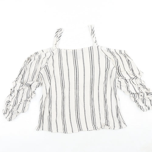 New Look Womens White Striped Viscose Basic Blouse Size 6 Square Neck - Cold Shoulder