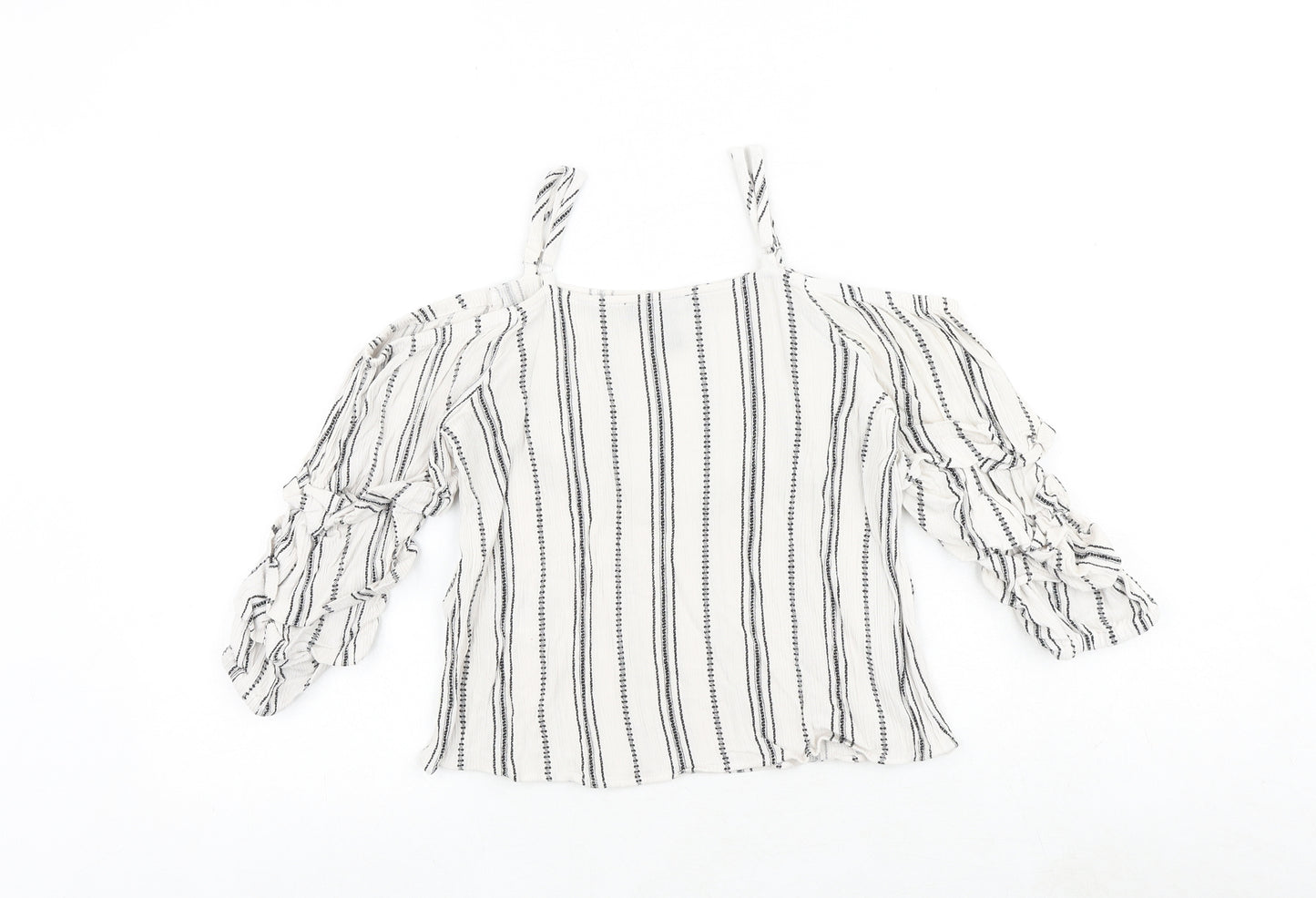 New Look Womens White Striped Viscose Basic Blouse Size 6 Square Neck - Cold Shoulder