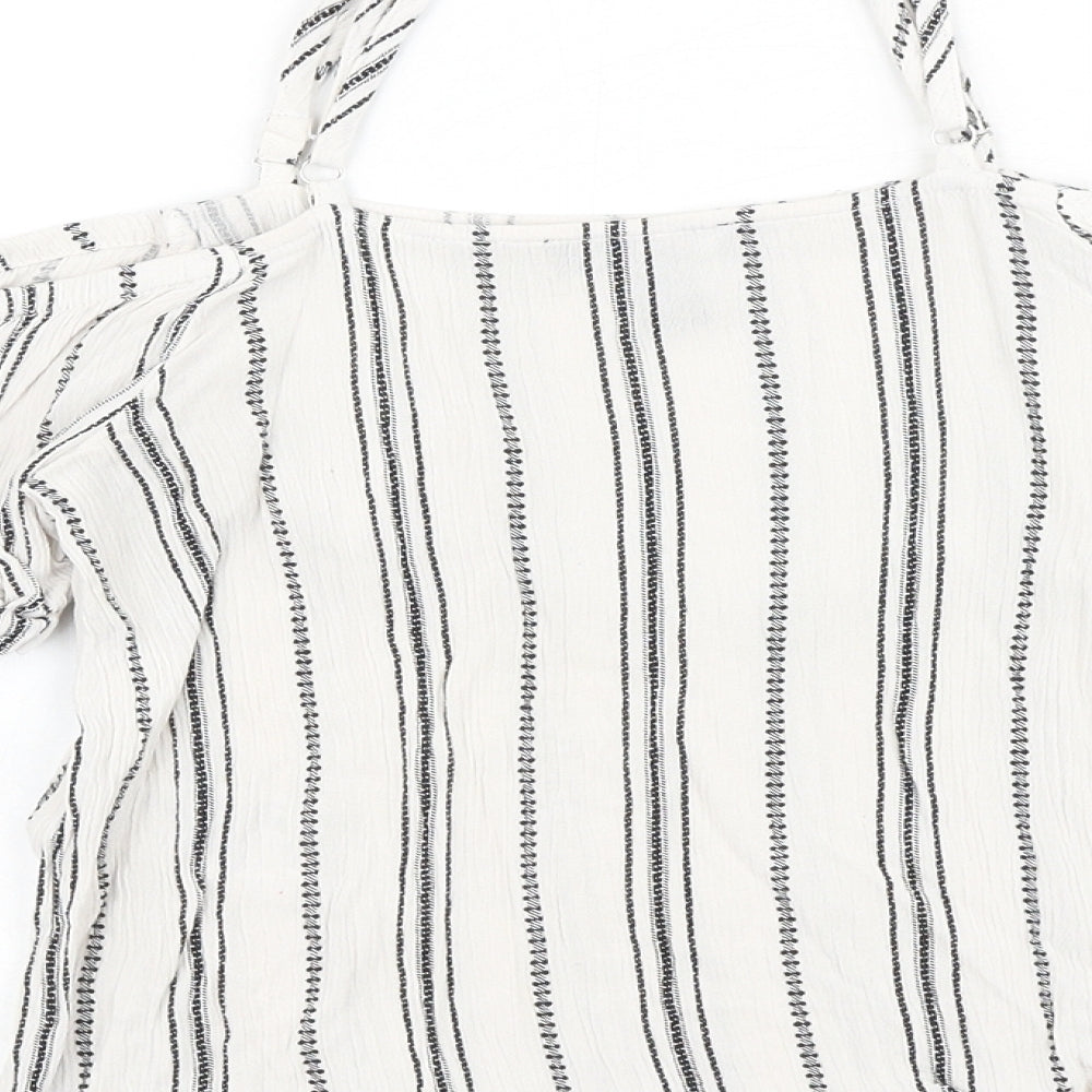 New Look Womens White Striped Viscose Basic Blouse Size 6 Square Neck - Cold Shoulder