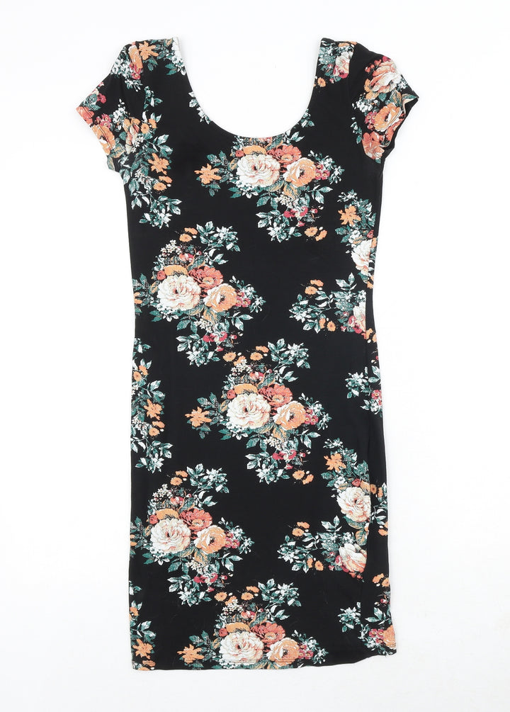 New Look Womens Black Floral Cotton A-Line Size 10 Scoop Neck Pullover