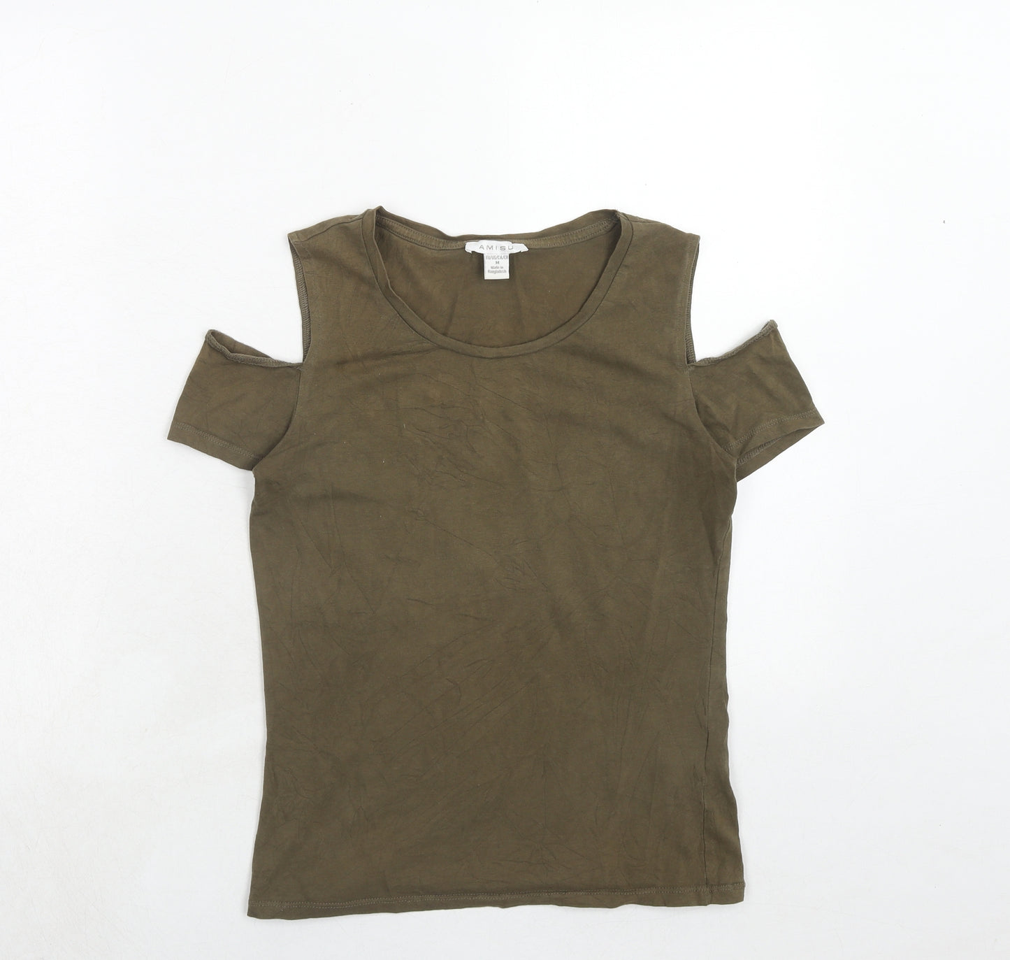 Amisu Womens Green Cotton Basic T-Shirt Size M Round Neck - Cold Shoulders