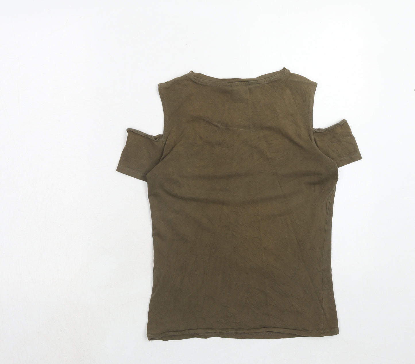 Amisu Womens Green Cotton Basic T-Shirt Size M Round Neck - Cold Shoulders