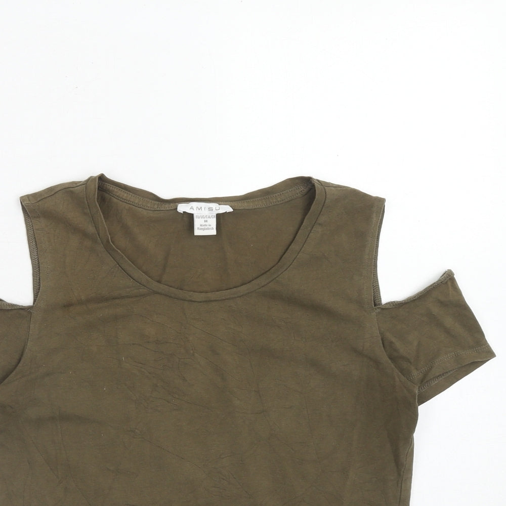 Amisu Womens Green Cotton Basic T-Shirt Size M Round Neck - Cold Shoulders