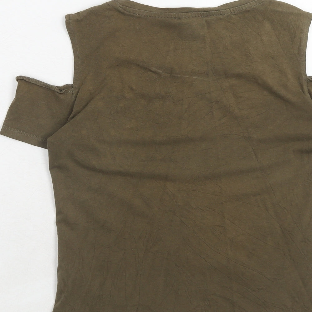 Amisu Womens Green Cotton Basic T-Shirt Size M Round Neck - Cold Shoulders