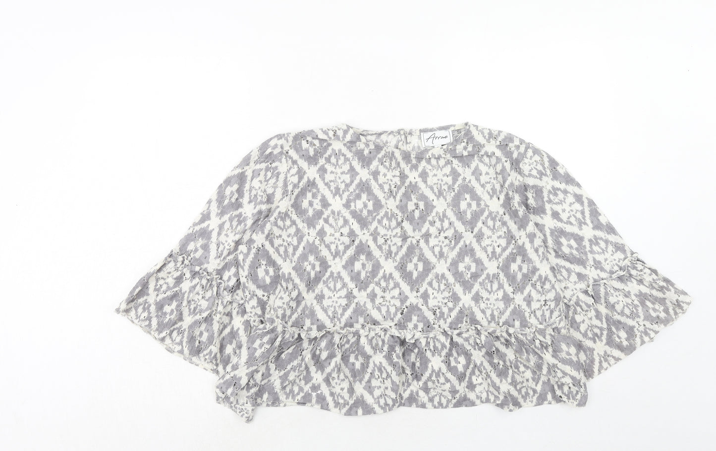 Arrae Womens Grey Geometric Cotton Basic Blouse Size 12 Round Neck