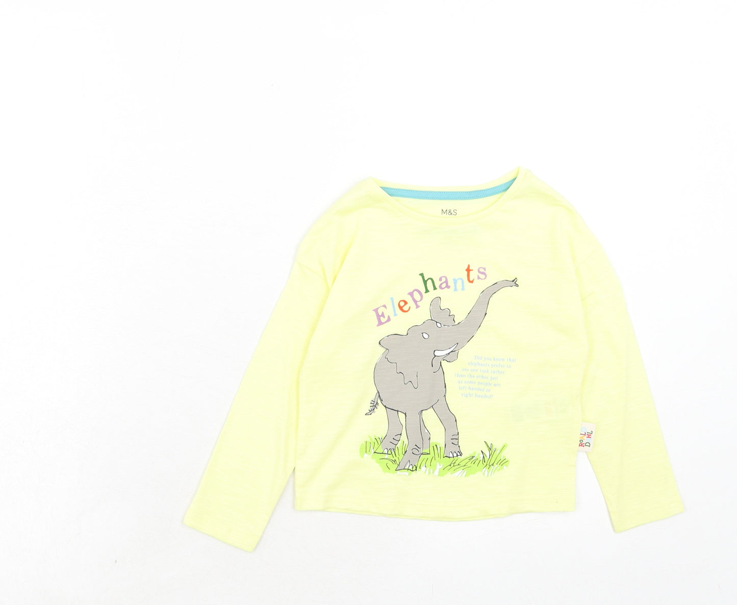 Marks and Spencer Boys Yellow Cotton Pullover T-Shirt Size 2-3 Years Round Neck Pullover - Elephant