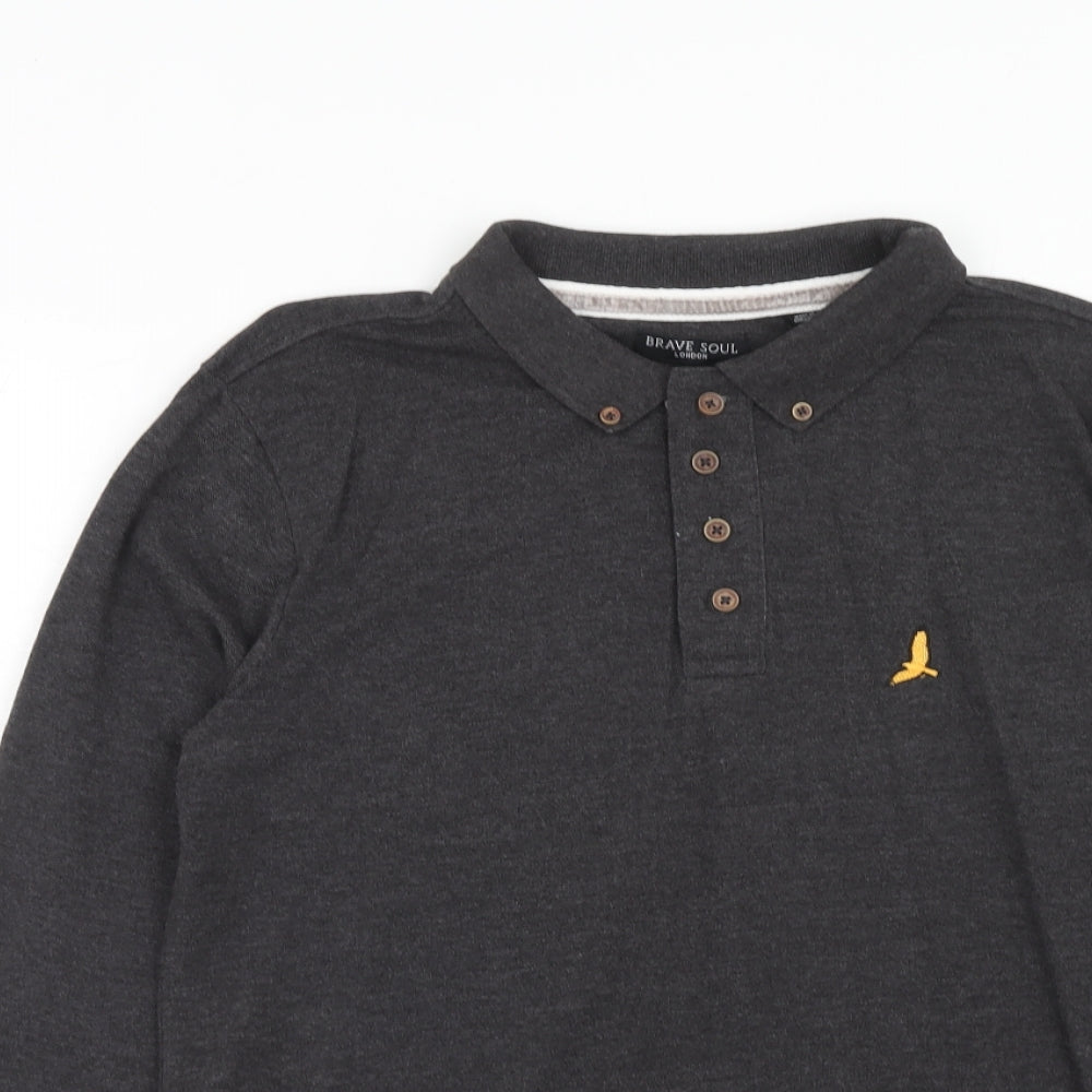 Brave Soul Mens Grey Cotton Polo Size M Collared Button