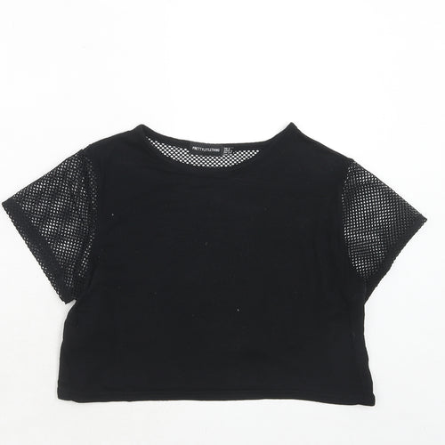 PRETTYLITTLETHING Womens Black Polyester Cropped T-Shirt Size 6 Round Neck - Net Detail