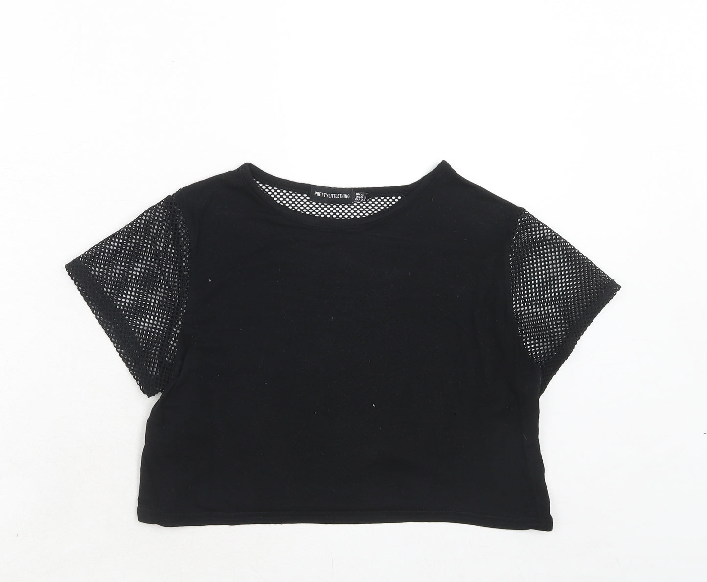 PRETTYLITTLETHING Womens Black Polyester Cropped T-Shirt Size 6 Round Neck - Net Detail