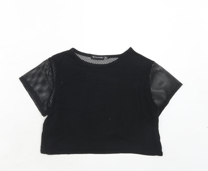 PRETTYLITTLETHING Womens Black Polyester Cropped T-Shirt Size 6 Round Neck - Net Detail