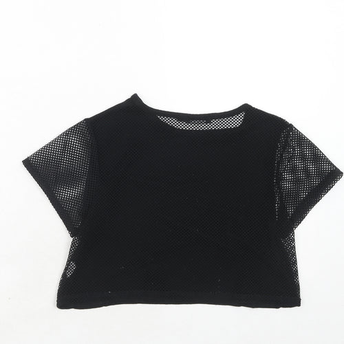 PRETTYLITTLETHING Womens Black Polyester Cropped T-Shirt Size 6 Round Neck - Net Detail