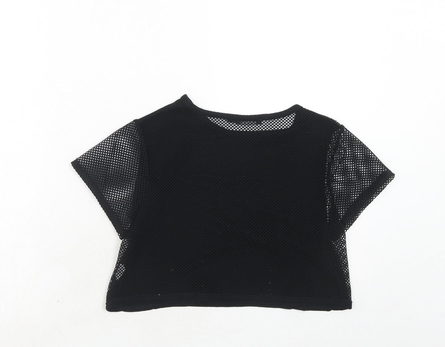 PRETTYLITTLETHING Womens Black Polyester Cropped T-Shirt Size 6 Round Neck - Net Detail