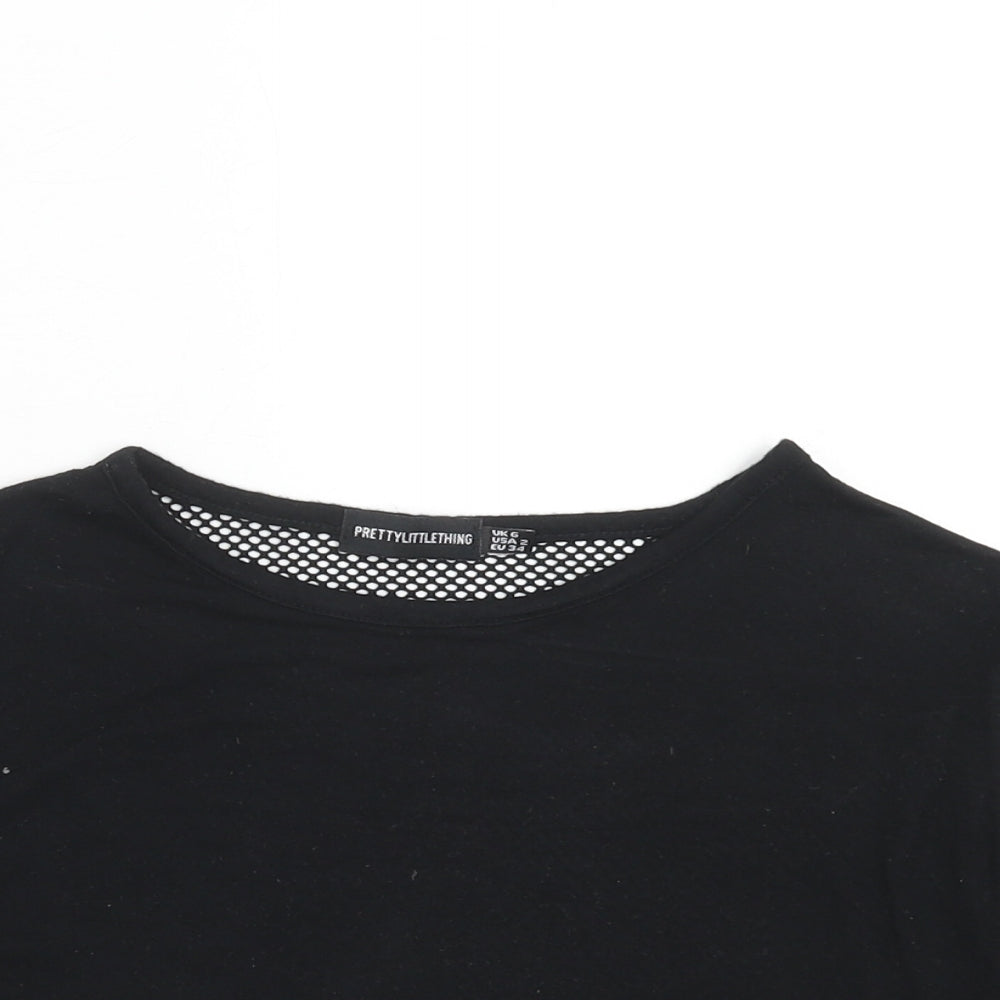 PRETTYLITTLETHING Womens Black Polyester Cropped T-Shirt Size 6 Round Neck - Net Detail