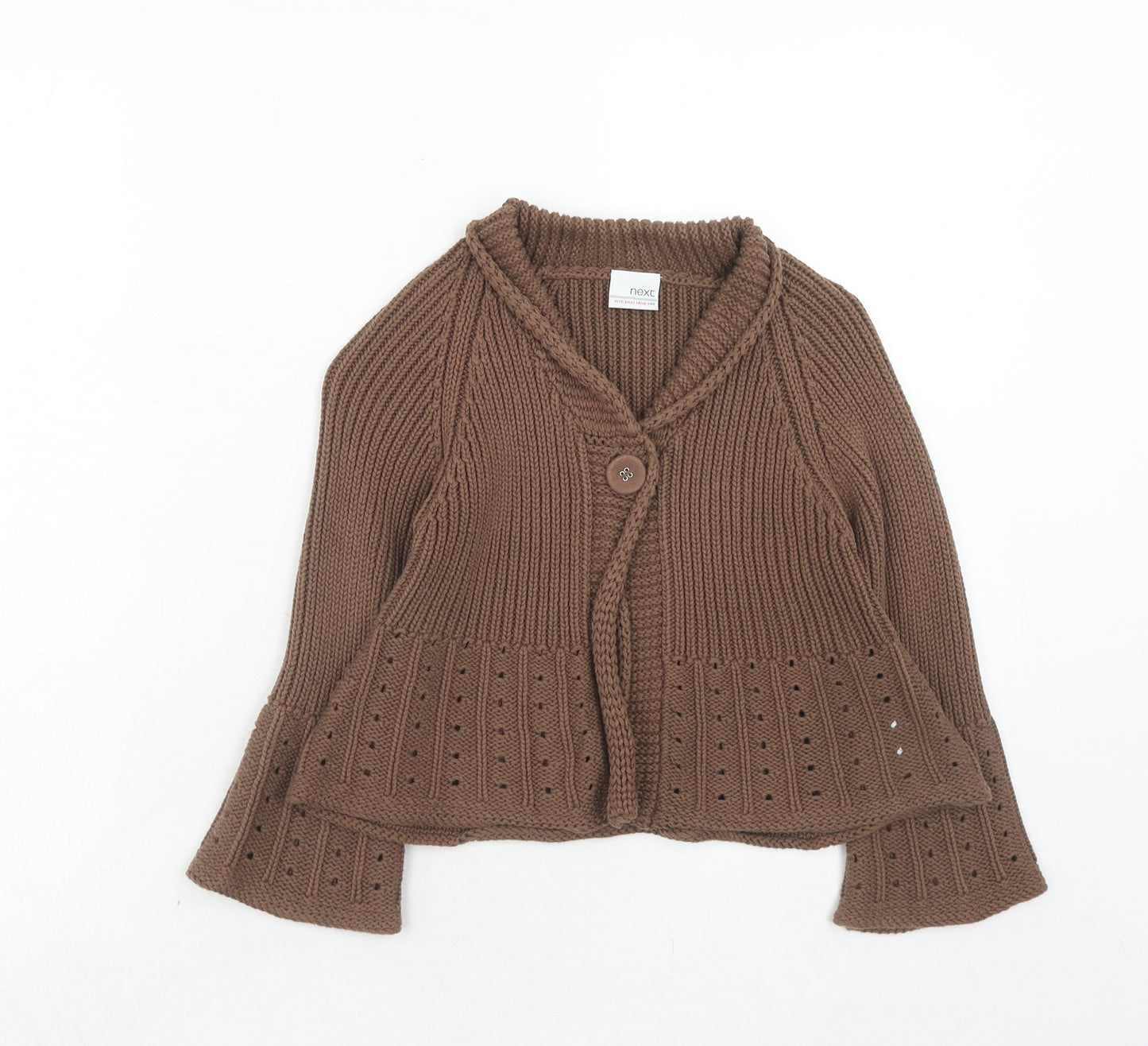 NEXT Girls Brown V-Neck Cotton Cardigan Jumper Size 3-4 Years Buckle